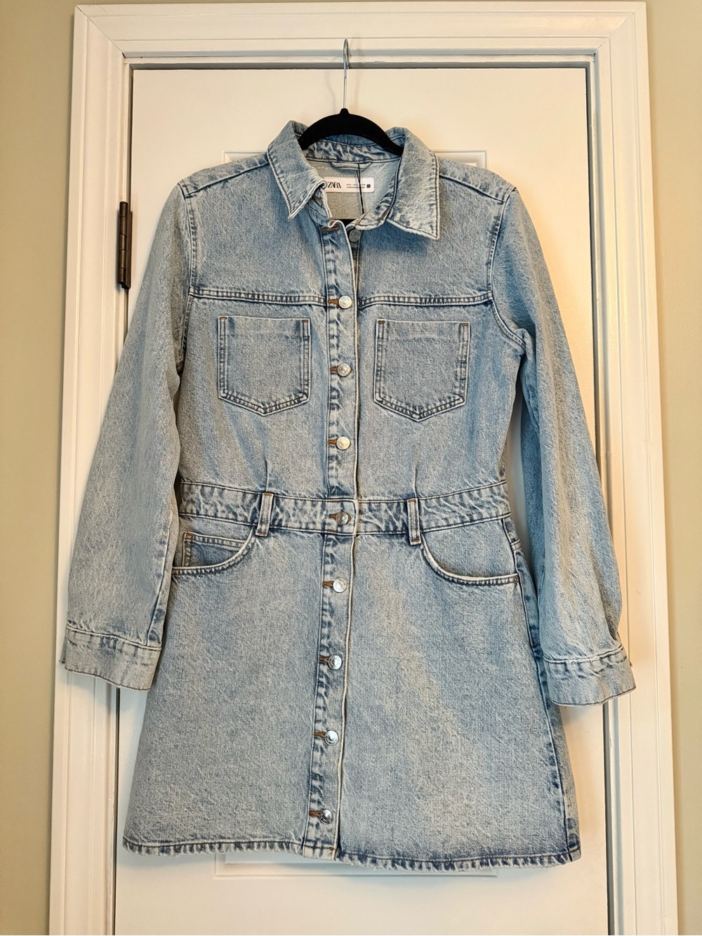 Zara Light Wash Denim Button-Front Dress